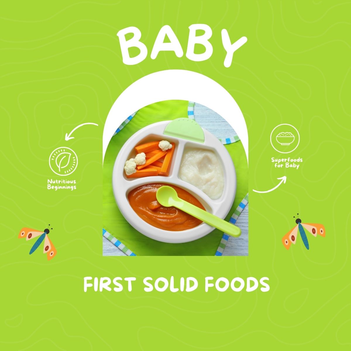 Baby first solid foods: a picture of a baby's plate with carrot sticks, puree cauliflower and carrot.