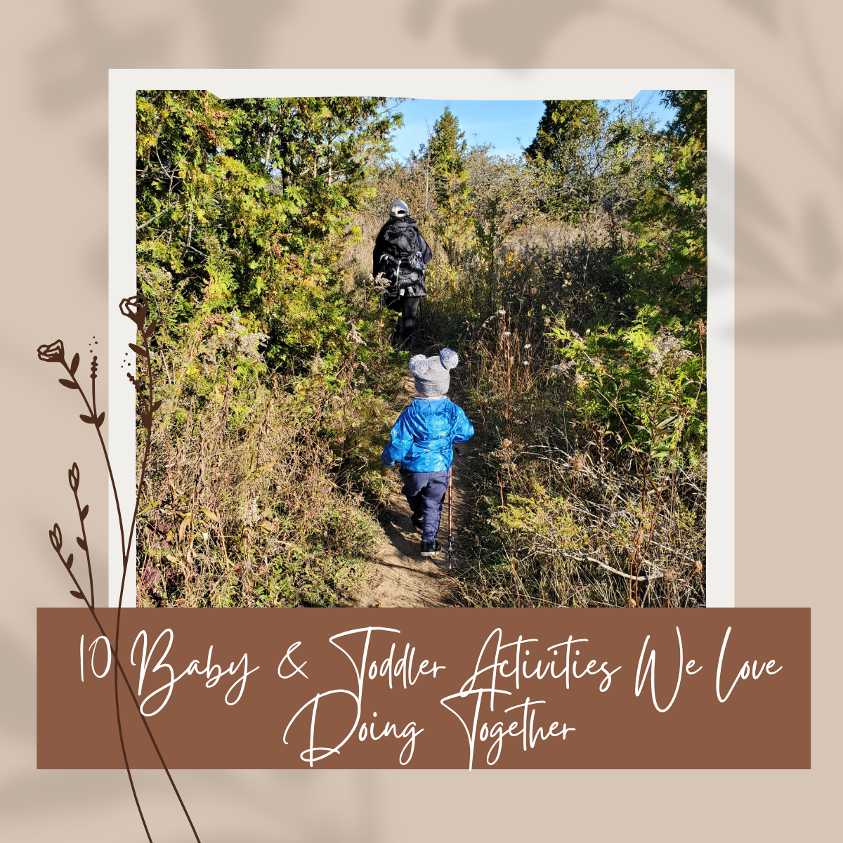A picture of a mom and child going on a nature walk.