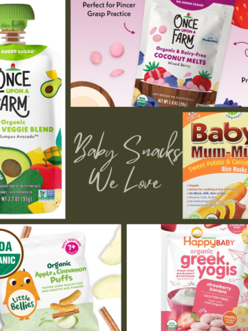 A flat lay of baby snacks we love for 6-12 months.