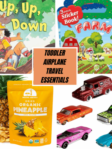 A flat lay featuring the book Up, Up, Down, sticker books, soft-dried pineapple, and Hot Wheels cars.