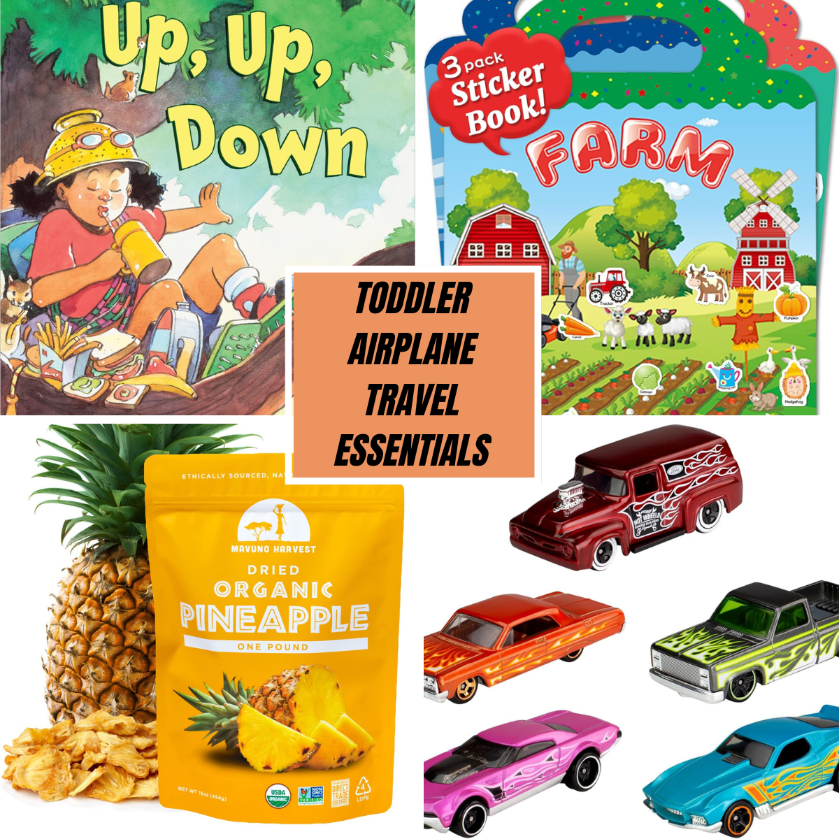 A flat lay featuring the book Up, Up, Down, sticker books, soft-dried pineapple, and Hot Wheels cars.