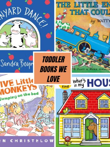 A flat lay image featuring four books: The Barnyard Dance, The Little Engine That Could, Five Little Monkeys Jumping on the Bed, and What's in My House?