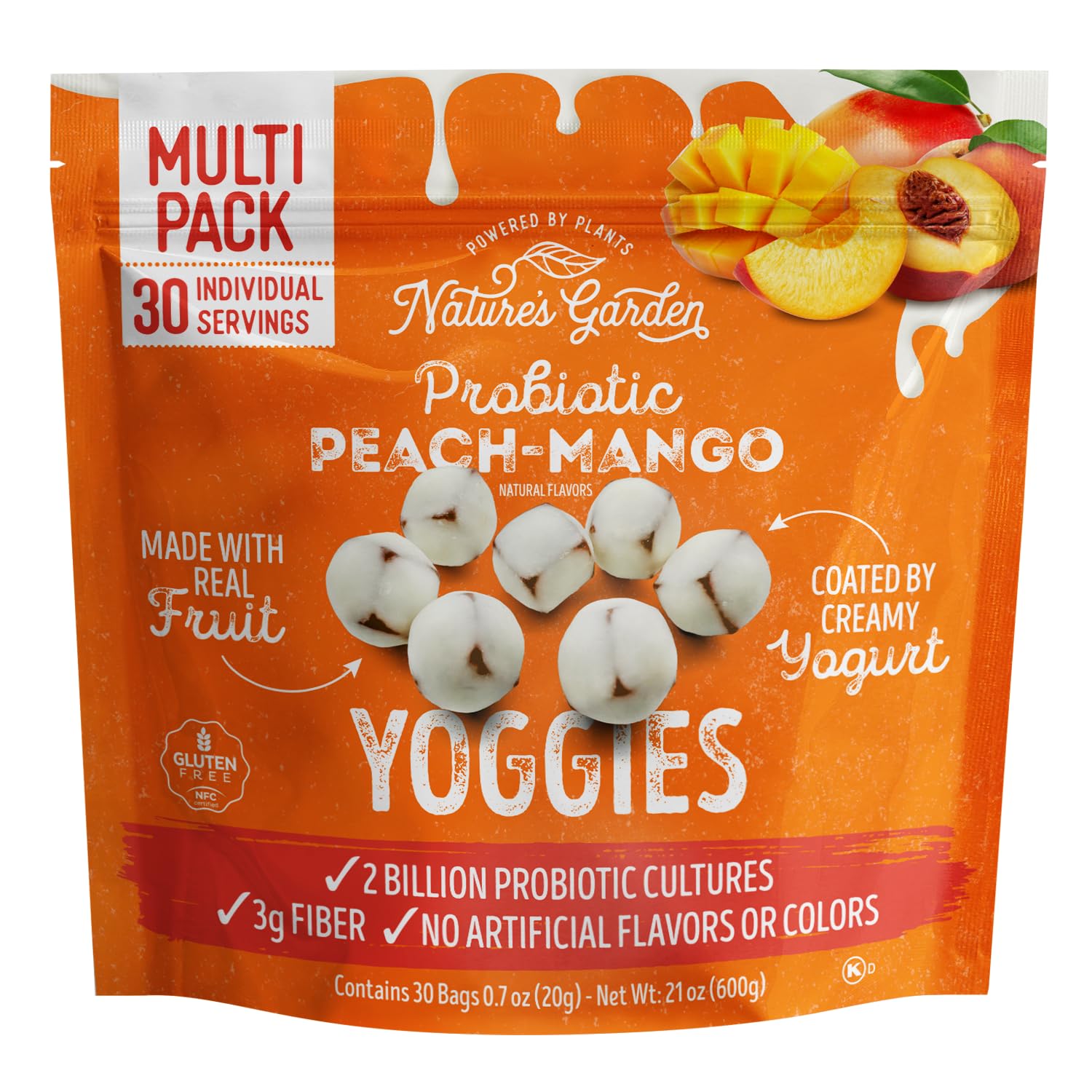 A picture of the Nature's Garden peach mango probiotic yoggies package.