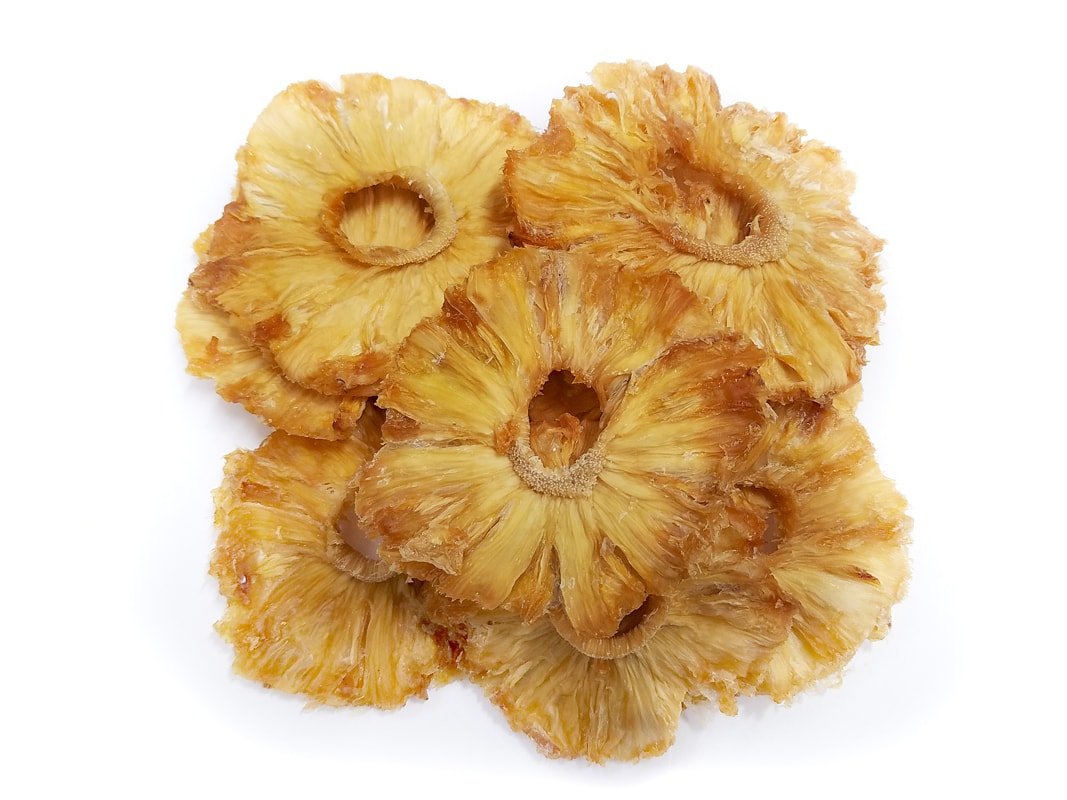A picture of soft dried pineapple rings with no added sugar.
