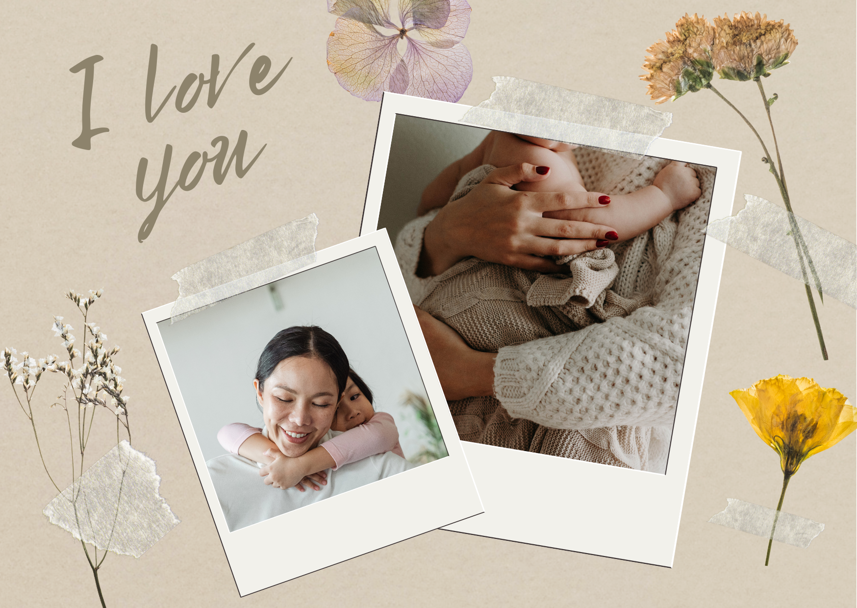 A picture of a mom holding a baby. And a picture of a child embracing mom from the back.